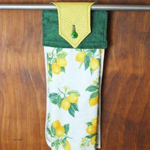 LEMON YELLOW & WHITE HAND TOWEL HANDMADE HANGING KITCHEN LEMON PRINT TOWEL